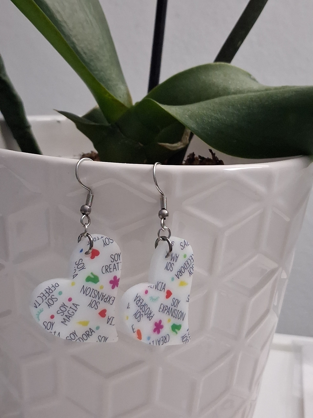White Heart Drop Earrings with Colorful Word Art